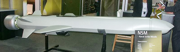 Tên lửa chống hạm mới nhất châu Âu NSM (ra đời năm 2007) tại một triển lãm.