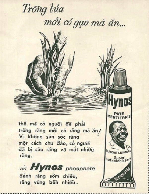 Poster quảng cáo của kem đánh răng Hynos trên báo giấy. Phải nói thêm là ông chủ Vương là người rất chịu chi cho quảng cáo, khiến cho hình ảnh của ông Bảy Chà Và trở nên quen thuộc với người tiêu dùng