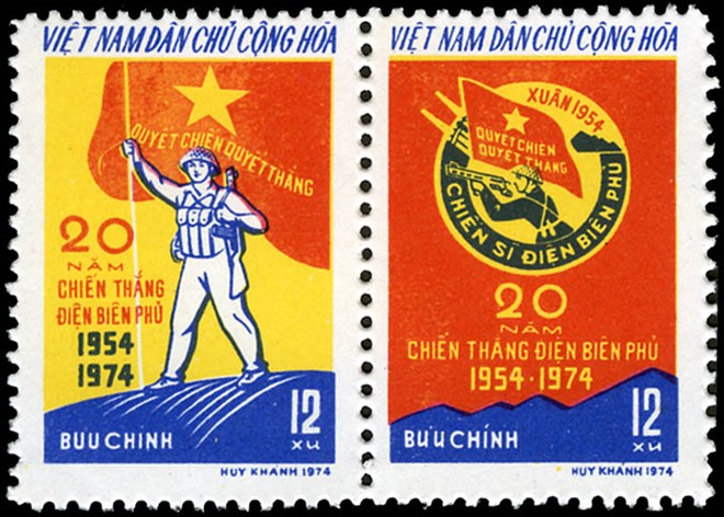 “Kỷ niệm 20 năm chiến thắng Điện Biên Phủ” gồm 2 mẫu tem, phát hành ngày 7.5.1974