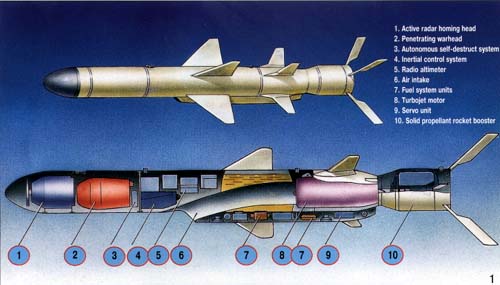Tên lửa có cấu tạo bên trong như sau:1- Đầu tự dẫn; 2- Đầu chiến đấu; 3- Bộ tự hủy; 4- Hệ thống điều khiển quán tính; 5- Máy đo cao; 6- Cửa hút gió; 7- Hệ thống nhiên liệu; 8- Động cơ tuabin phản lực; 9- Máy lái; 10- Động cơ phóng.
