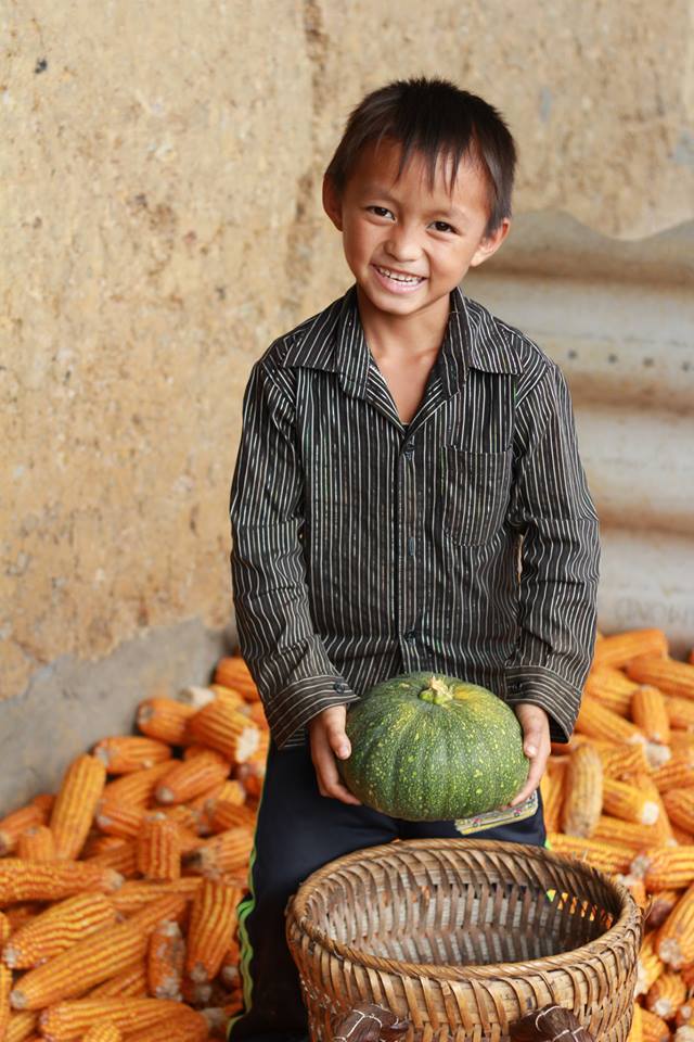 Em Hùng- Na Cho Cai - Hà Giang đang cho quả bí ngô đầu mùa vào chiếc gùi. Trên môi vẫn nở một nụ cười thật tươi